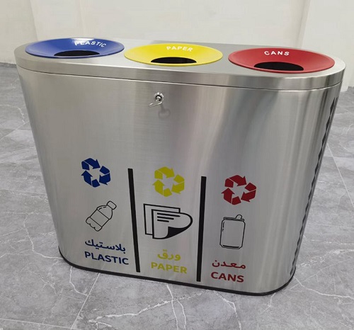 304 Stainless Steel Waste Bin 3 Compartments Recycle Bin 