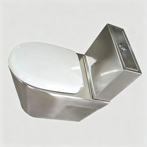 Heavy Duty Stainless Steel Floor Mounted WC Toilet Pan With Dual Flush Cistern and Plastic Seat 